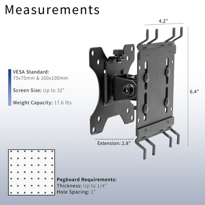 Pegboard mounted single monitor mount with tilt, swivel, and rotation.