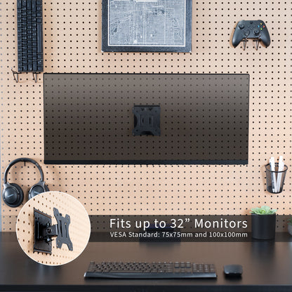 Pegboard mounted single monitor mount with tilt, swivel, and rotation.