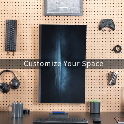 Pegboard mounted single monitor mount with tilt, swivel, and rotation.