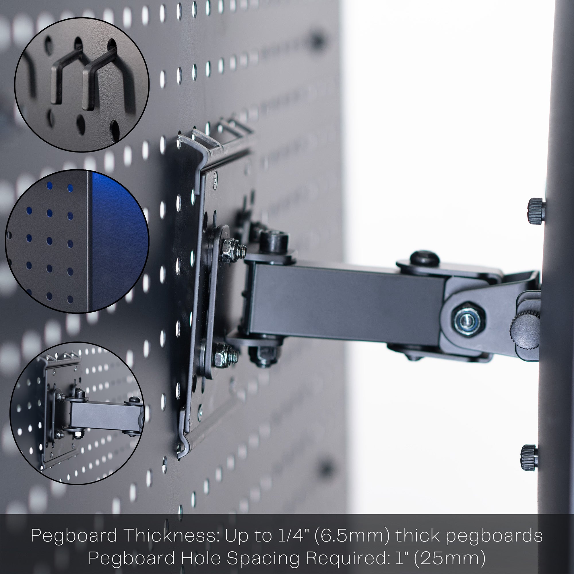 Pegboard monitor mount with articulating arm.