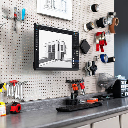 Pegboard monitor mount with articulating arm.