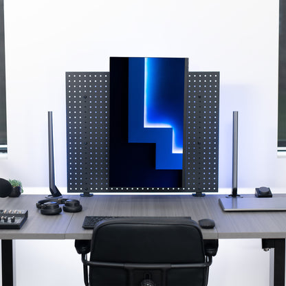 Pegboard monitor mount with articulating arm.