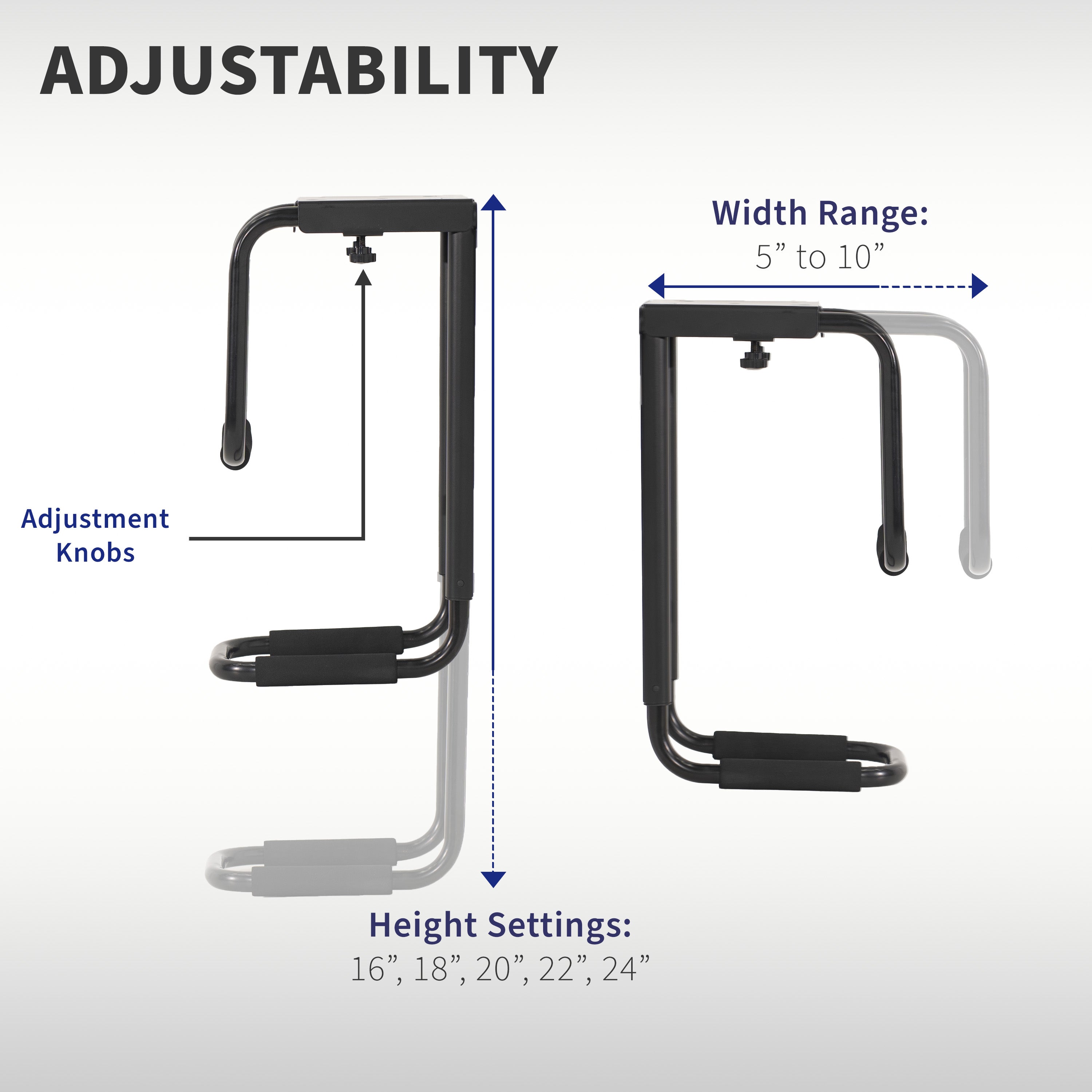 Sturdy under desk PC mount with adjustable width and height and protective padding included.