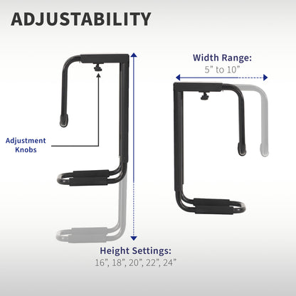 Sturdy under desk PC mount with adjustable width and height and protective padding included.