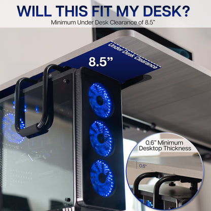 Computer tower with blue LED fans mounted on a desk, showing clearance measurements.