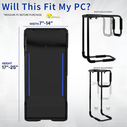 Product dimensions and fit guide for a computer monitor stand on a white background