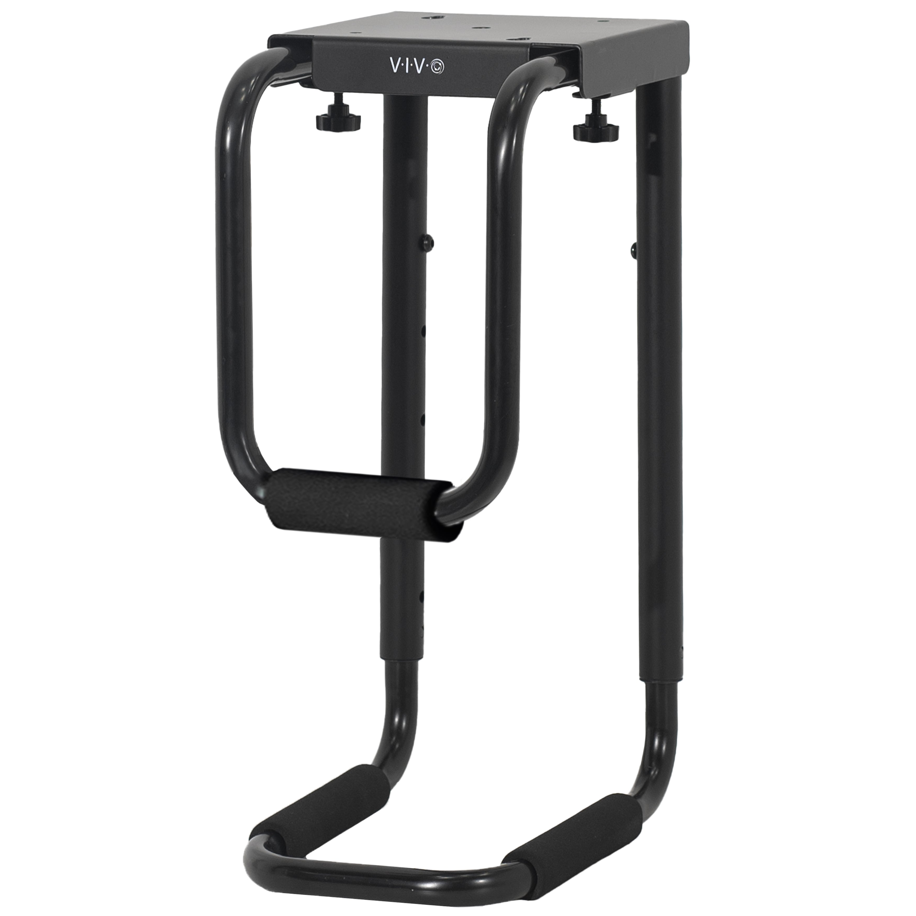 Sturdy under desk PC mount with adjustable width and height and protective padding included.