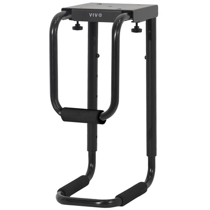 Sturdy under desk PC mount with adjustable width and height and protective padding included.