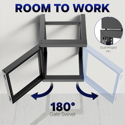 Wall mounted server rack with dual hinge 180 degree gate swing