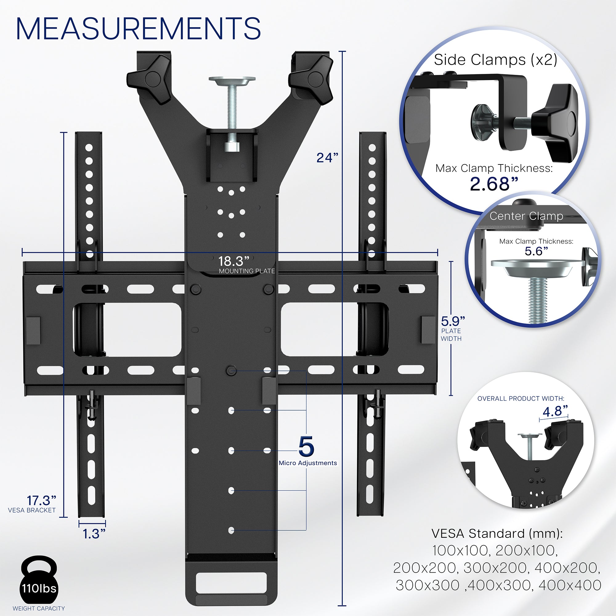TV mount with detailed measurements and specifications on a white background