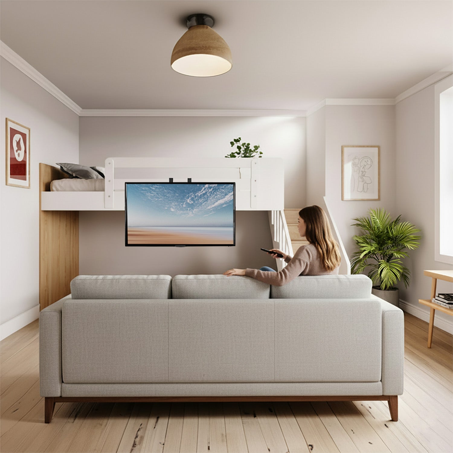 Modern living room with a sofa, TV, and a woman using a remote control.