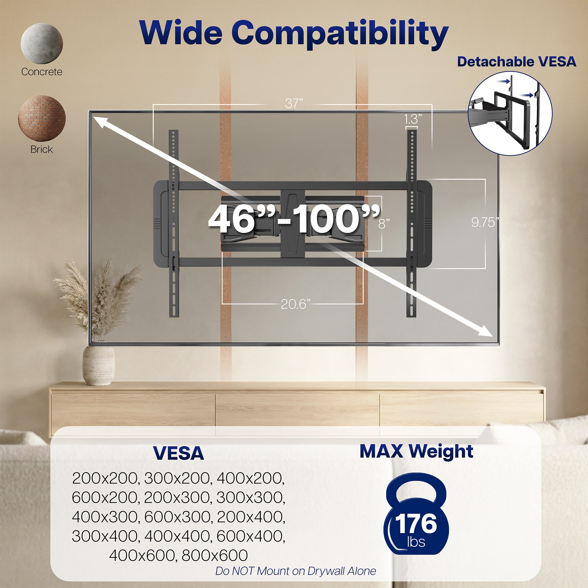 Low Profile Telescoping TV Wall Mount - 46" to 100" Screens