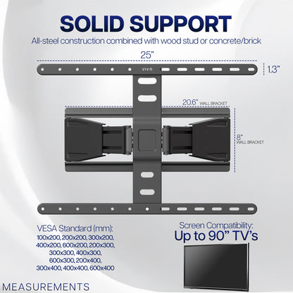 TV wall mount with measurements and compatibility details on a white background