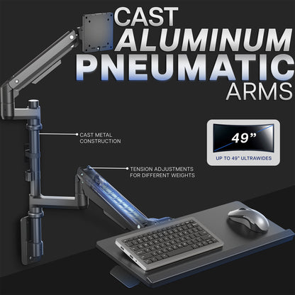 Pneumatic Arm Single Ultrawide Monitor Wall Mount + Keyboard Tray - Up to 49" Screens