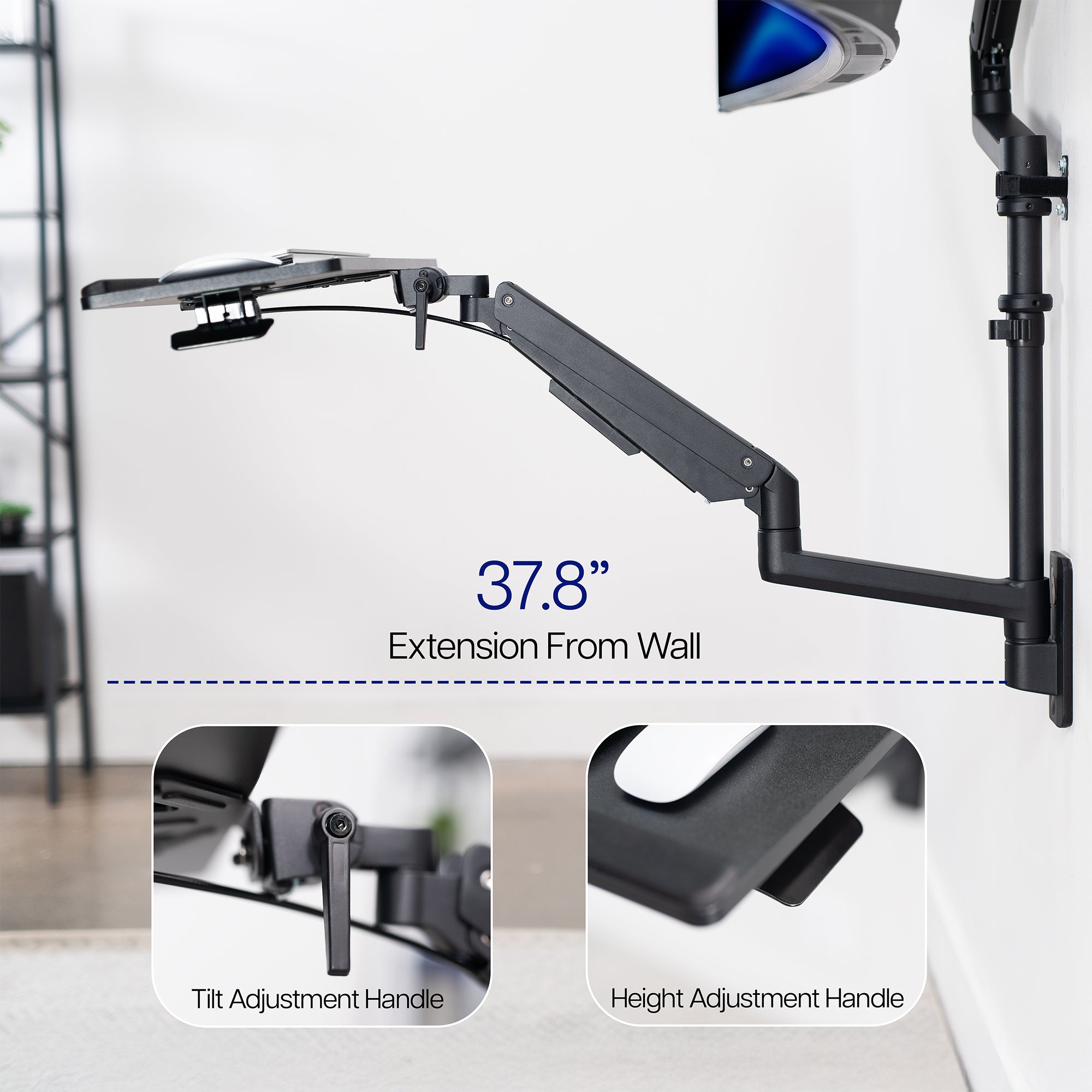 Pneumatic Arm Single Ultrawide Monitor Wall Mount + Keyboard Tray - Up to 49" Screens