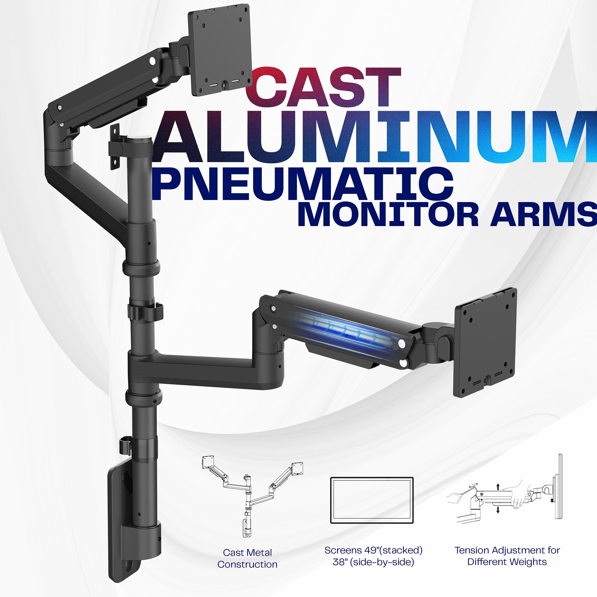 A black pneumatic arm dual ultrawide monitor wall mount. 