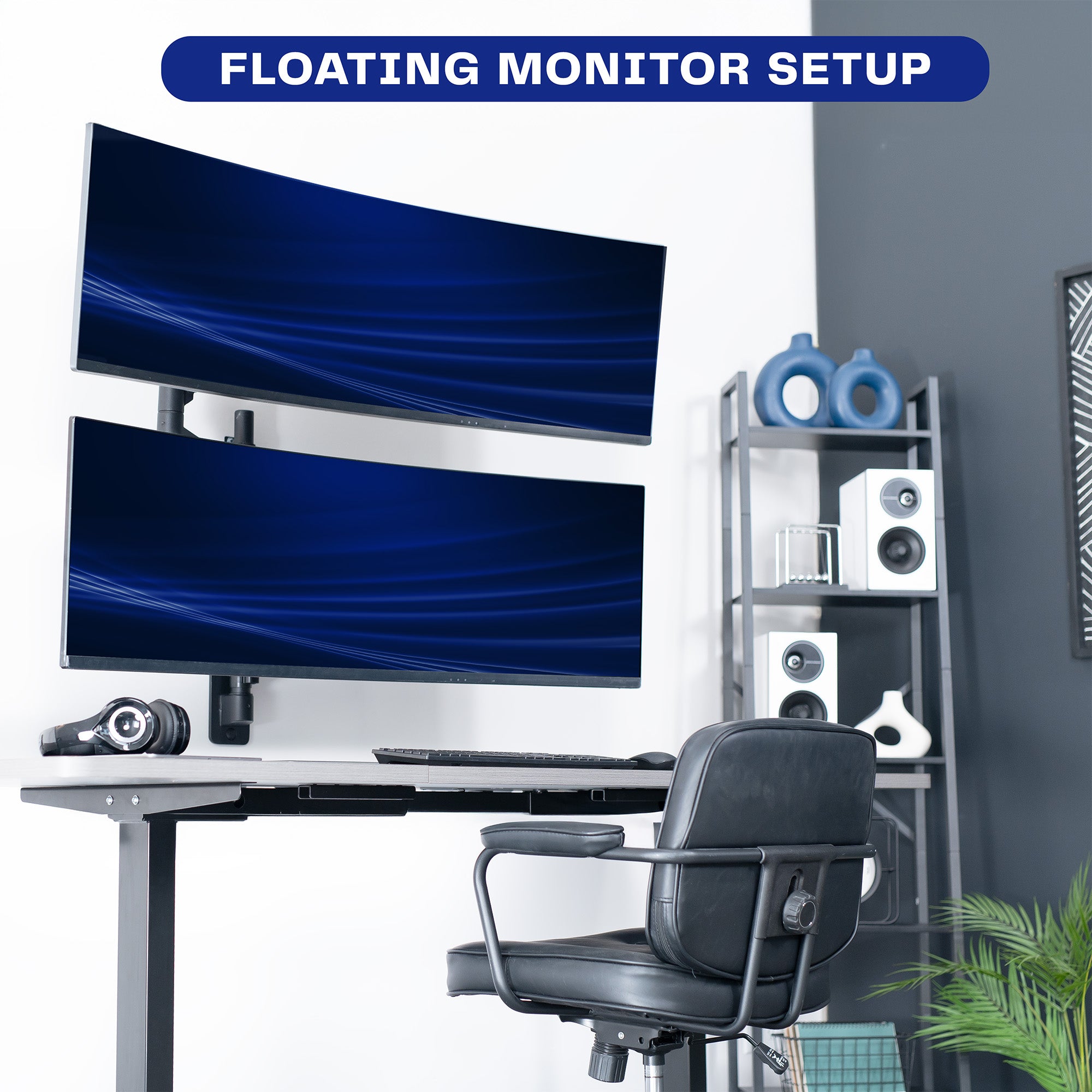 A black pneumatic arm dual ultrawide monitor wall mount holding two monitors displaying floating design. 