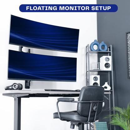 A black pneumatic arm dual ultrawide monitor wall mount holding two monitors displaying floating design. 
