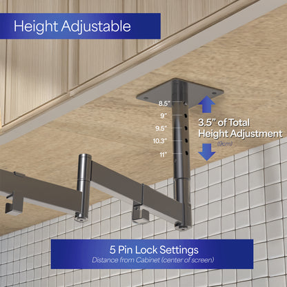 Under cabinet monitor mount with height adjustment feature on a tiled wall background