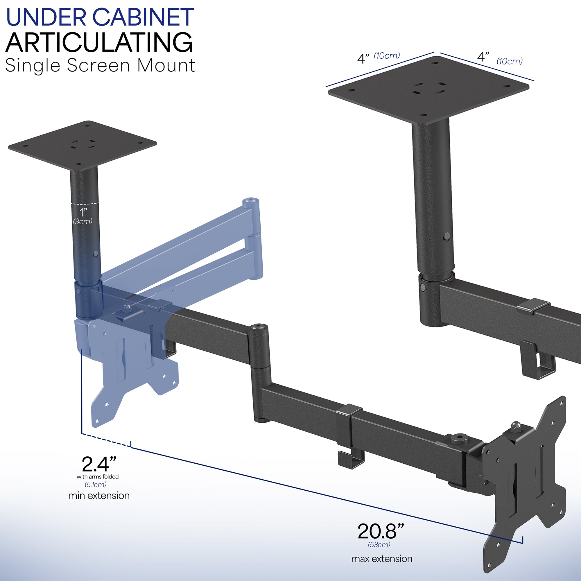 Under cabinet articulating single screen mount with measurements on a white background