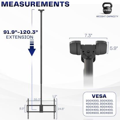 Measurement chart for a TV ceiling mount with extension, weight capacity, and VESA dimensions.