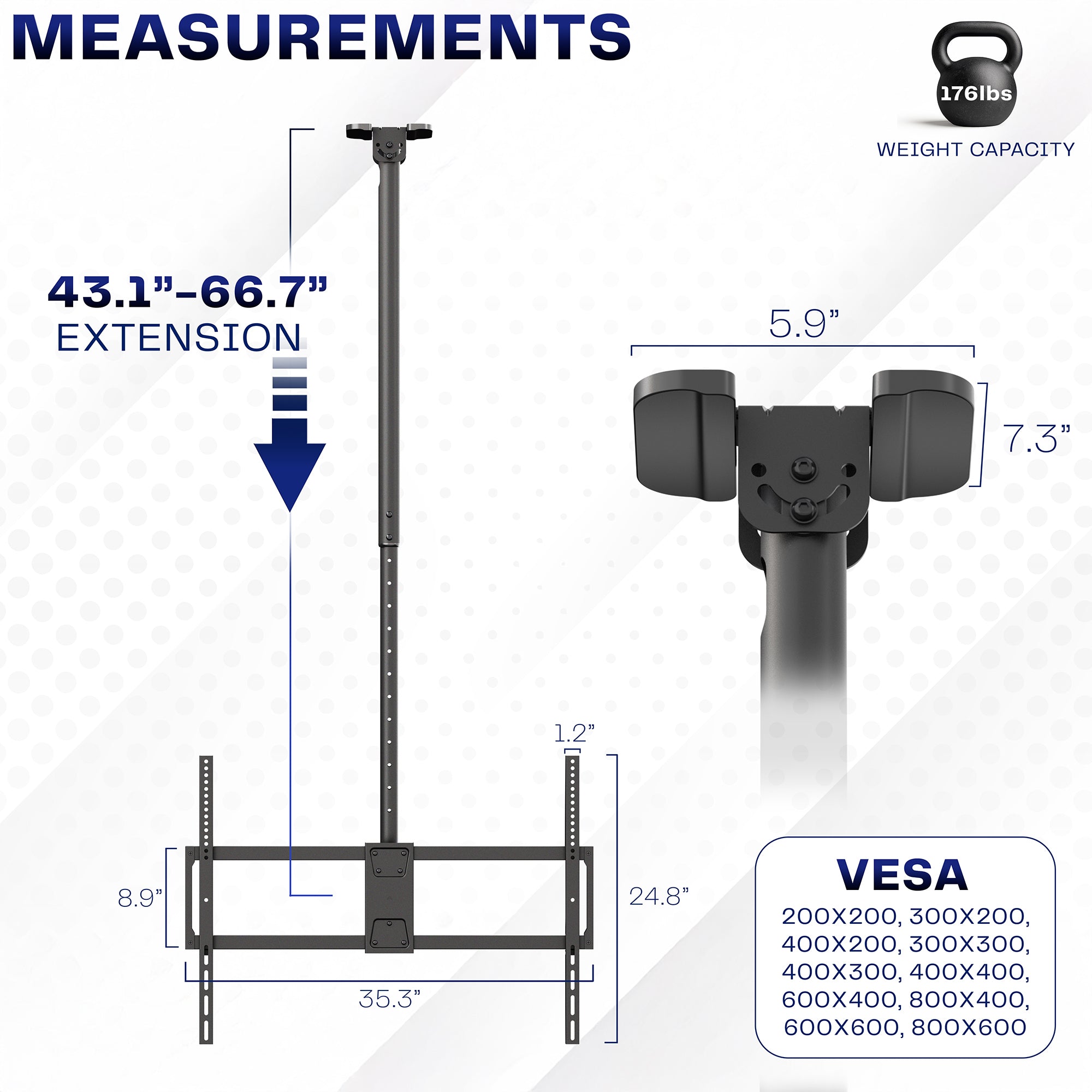 Large 50” to 100” TV Ceiling Mount with Extension Pole