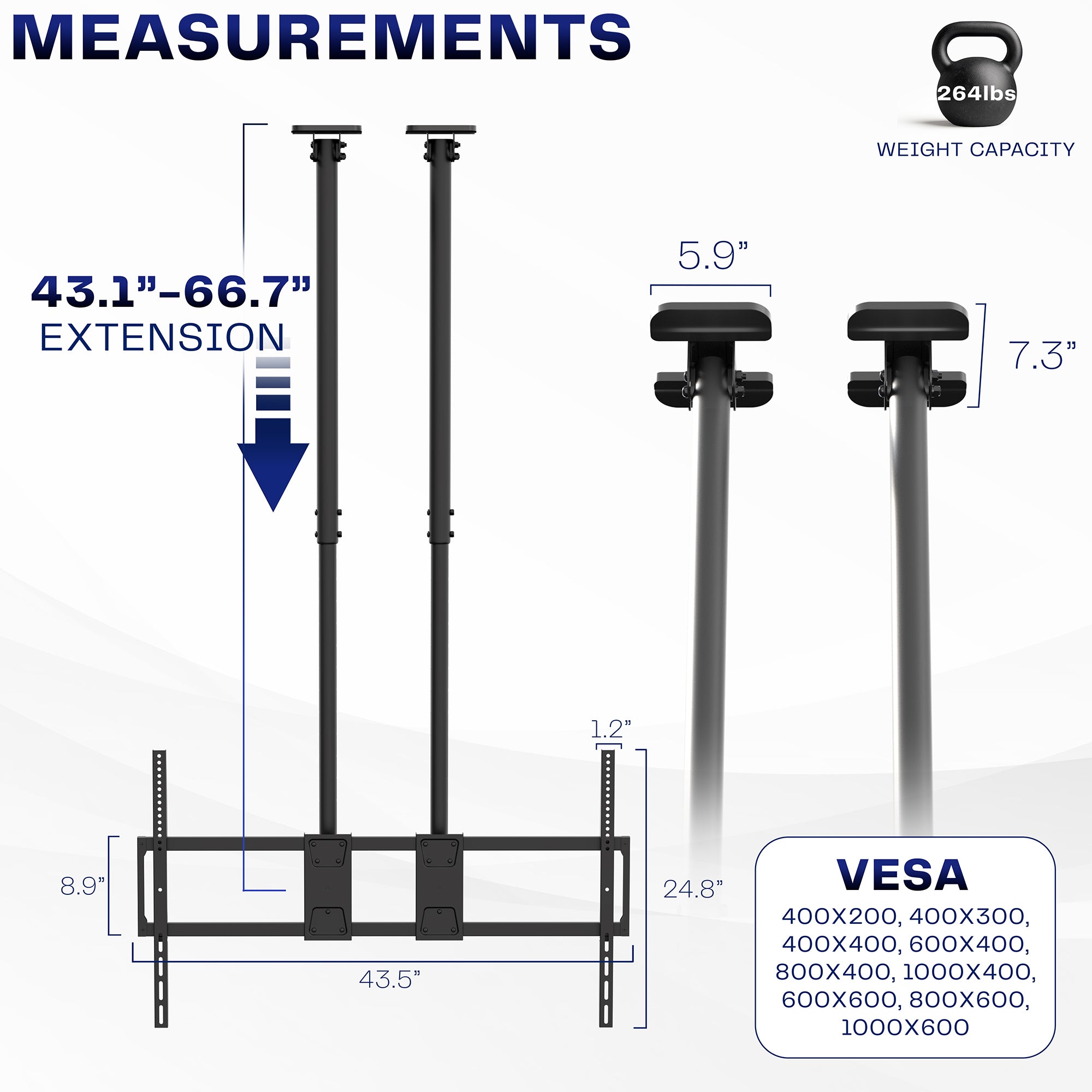 Measurements for extending TV ceiling mount