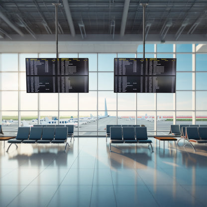 2 TVs mounted to ceiling mounts in an airport