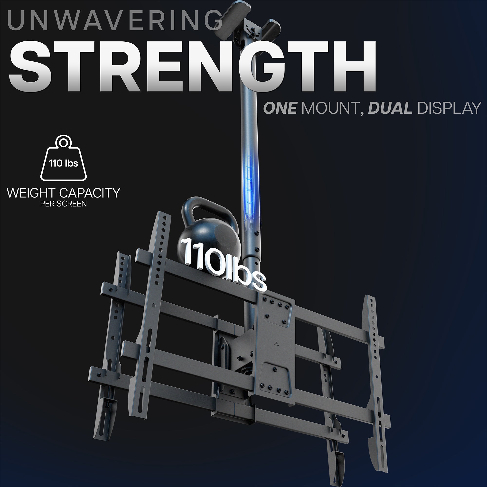 Back-to-back Dual TV mount with a diagram showing the weight capacity of 110 pounds