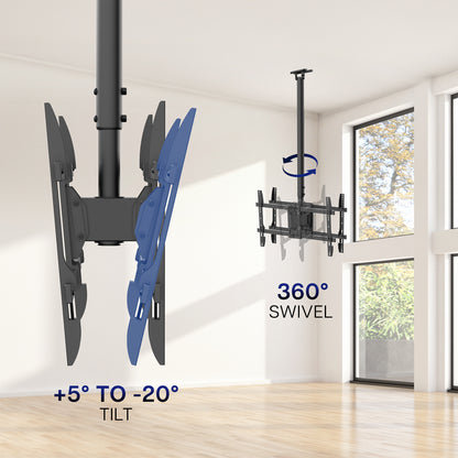 Side view of the back-to-back dual tv ceiling mount showing the tilt capability with second image demonstrating the 360 degree swivel 