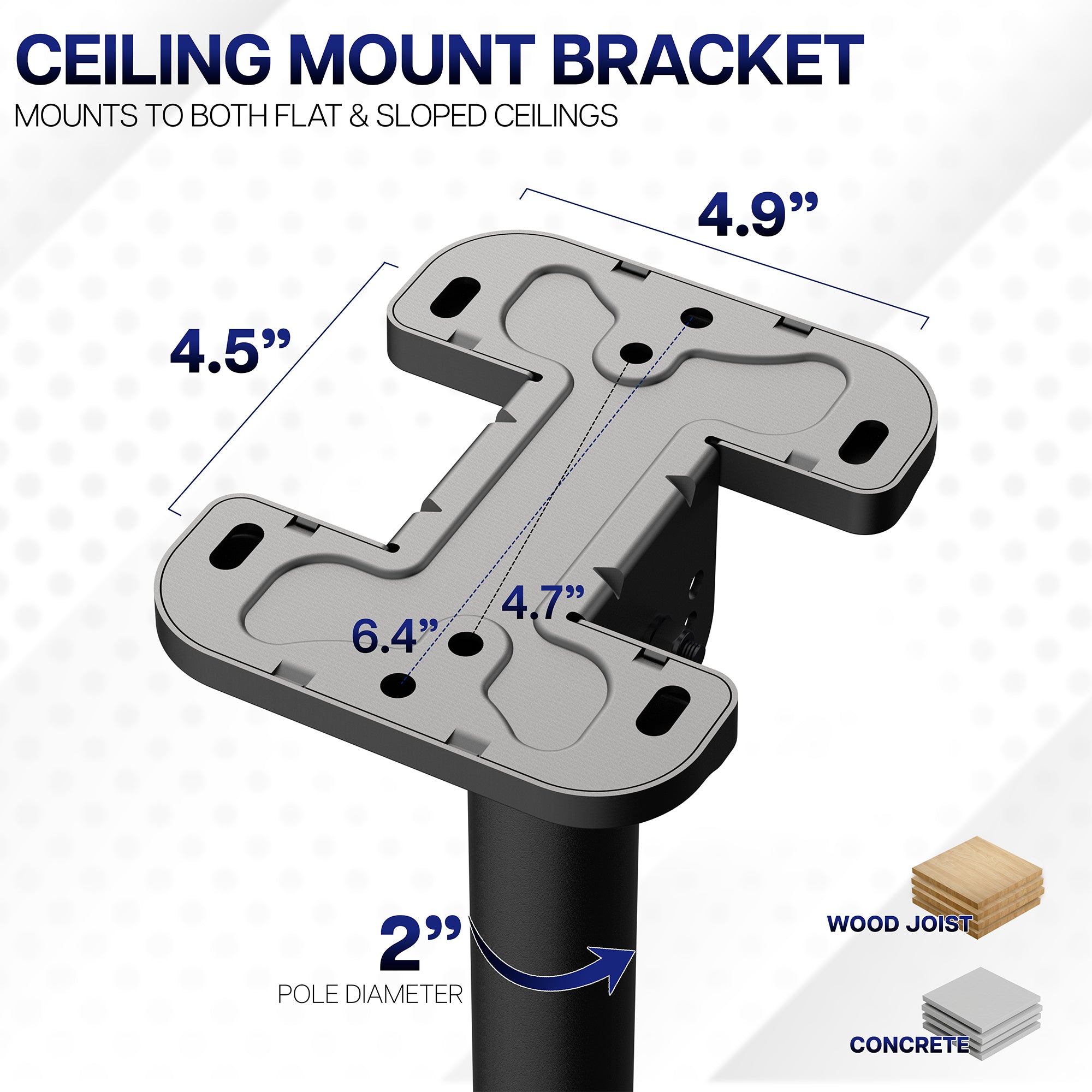 Ceiling mount bracket compatibility with wood joist and concrete
