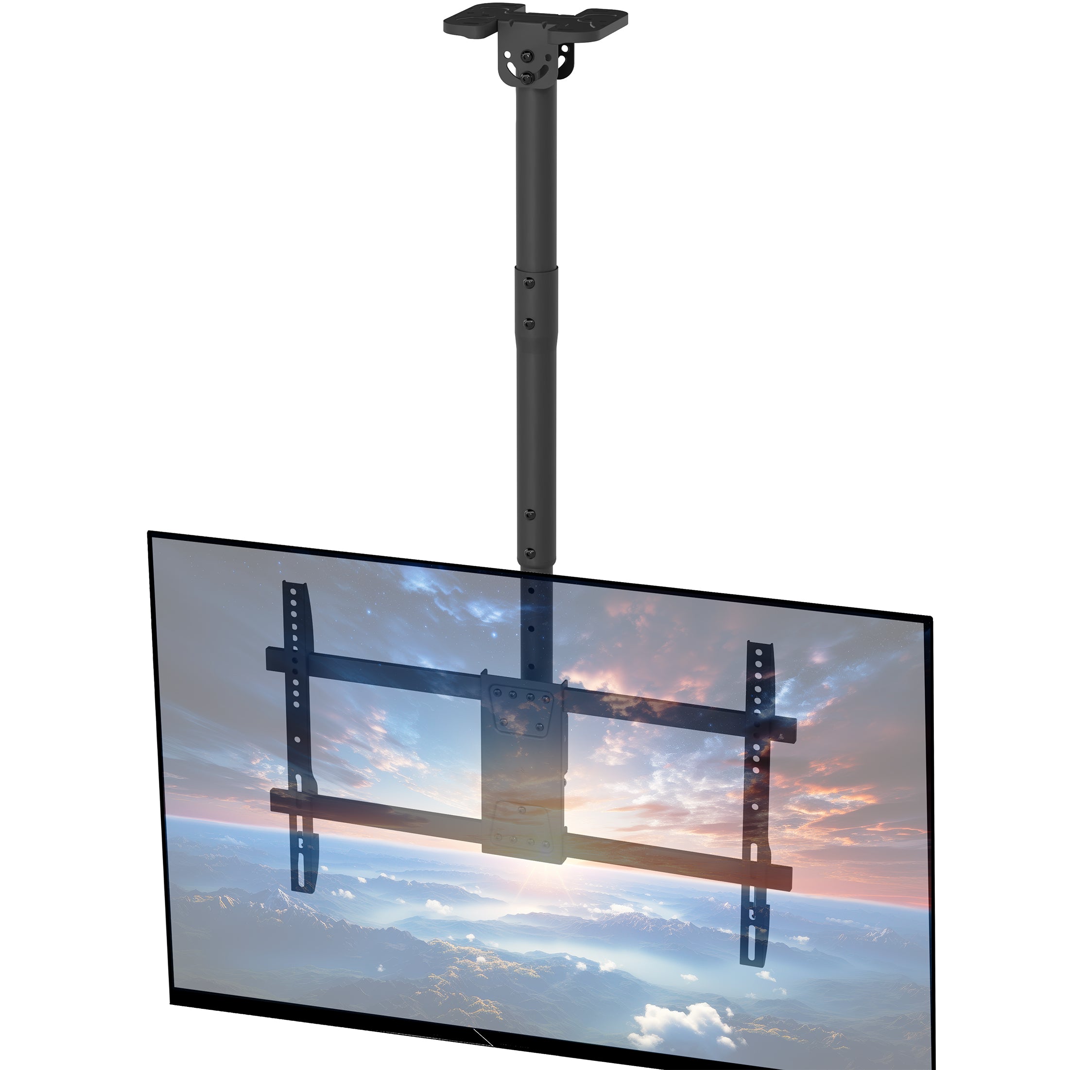 Height adjustable large TV mount with tilt, swivel, and an integrated cable management system. Mount to flat and sloped ceilings or wall with hardware and instructions included.