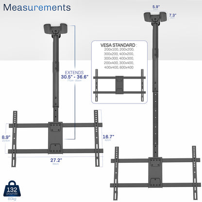 Height adjustable large TV mount with tilt, swivel, and an integrated cable management system. Mount to flat and sloped ceilings or wall with hardware and instructions included.