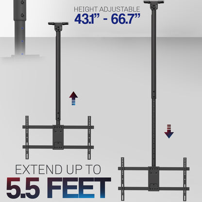 Height adjustable large TV mount with tilt, swivel, and an integrated cable management system. Mount to flat and sloped ceilings or wall with hardware and instructions included.