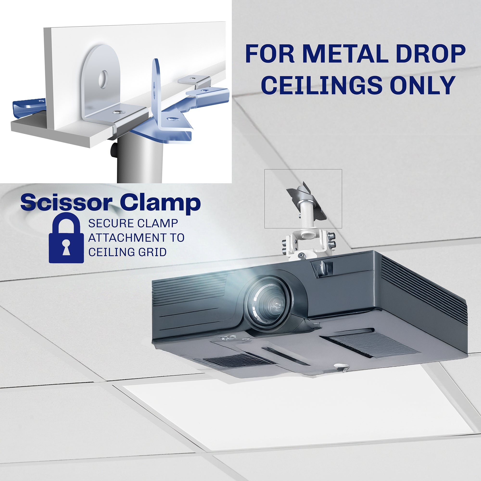 White Drop Ceiling Projector Mount with Scissor Clamp