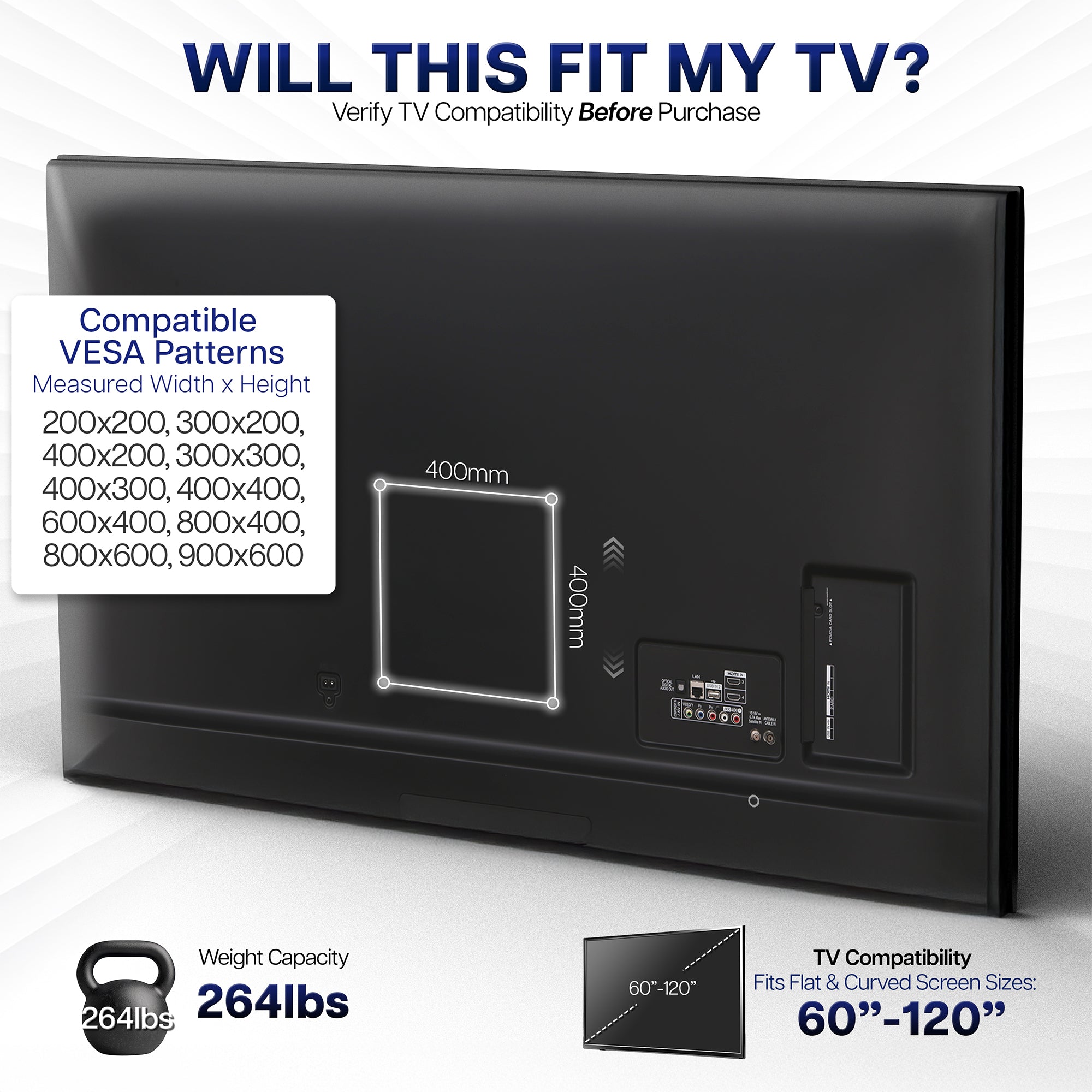Full Motion Extra Large 60” to 120” TV Wall Mount with compatibility information for VESA patterns, weight capacity, and screen size range.