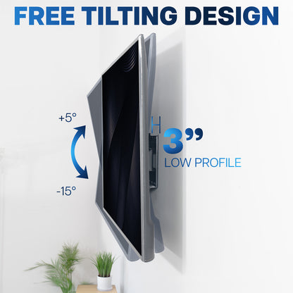 Free tilting design feature of a low profile TV wall mount with text and icons on a white background