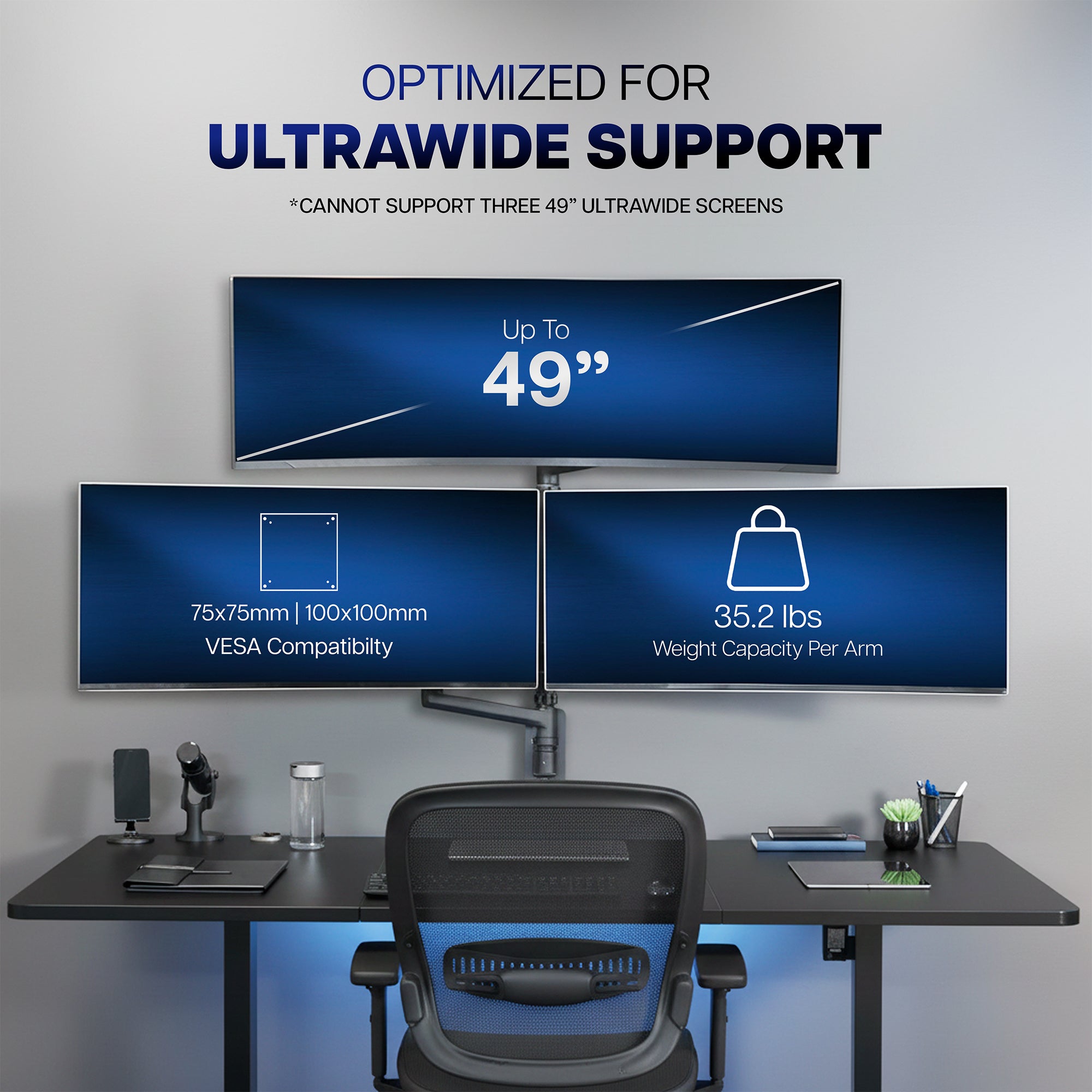 Desk setup with three monitors and chair, featuring text about ultrawide support.