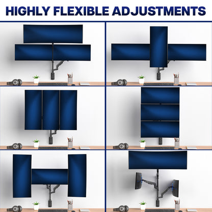 Multiple views of a computer setup with adjustable monitors on a desk.