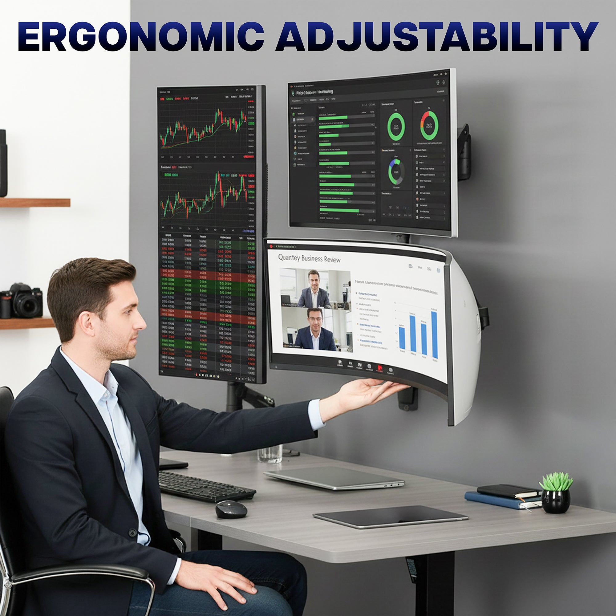 Man in a suit sitting at a desk with multiple monitors, emphasizing ergonomic adjustability.
