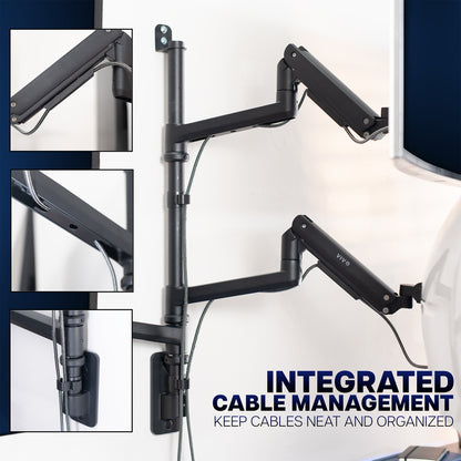 Multi-monitor stand with integrated cable management system on a white background
