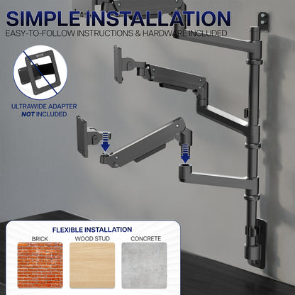 Black adjustable wall mount with installation instructions and material compatibility on a gray background
