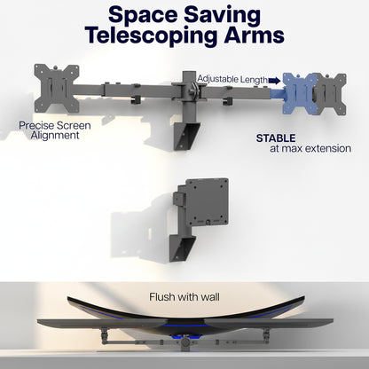 Telescoping Dual Monitor Wall Mount + Single Ultrawide Monitor Wall Mount - 21” to 49” Screens