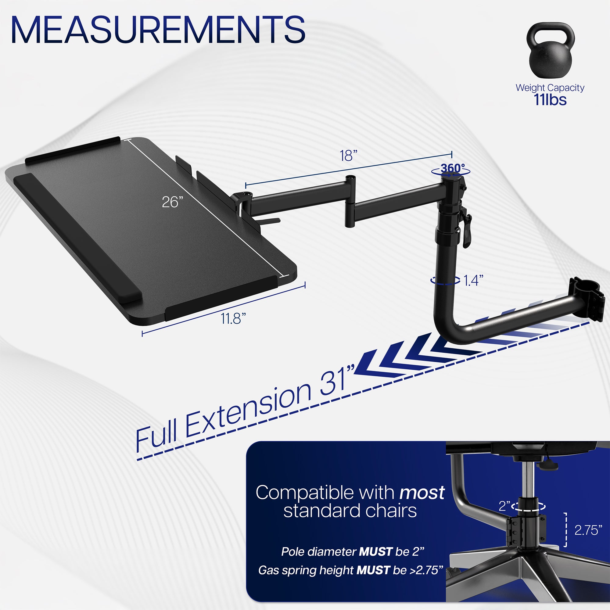 Measurement chart of an Office Chair Mounted Premium Keyboard Tray showing dimensions and weight capacity.