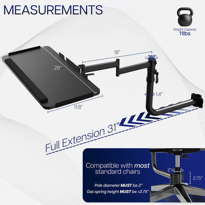 Measurement chart of an Office Chair Mounted Premium Keyboard Tray showing dimensions and weight capacity.