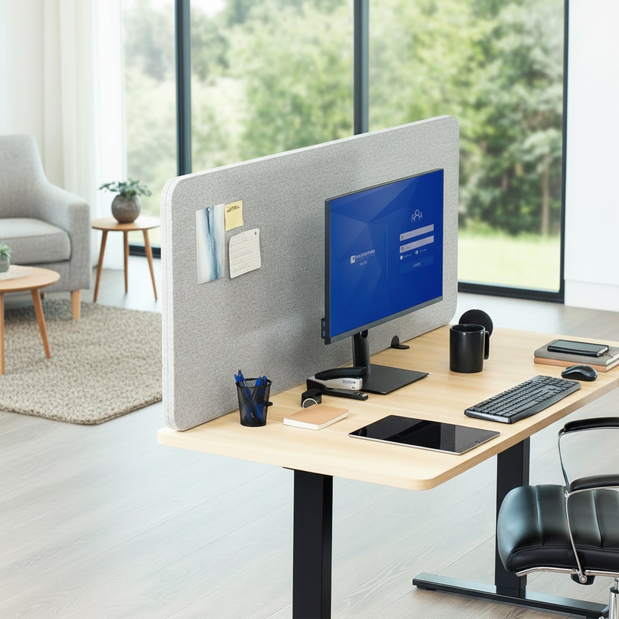 Modern office desk setup with a computer monitor, keyboard, and mouse in a bright room with desk Privacy Panel