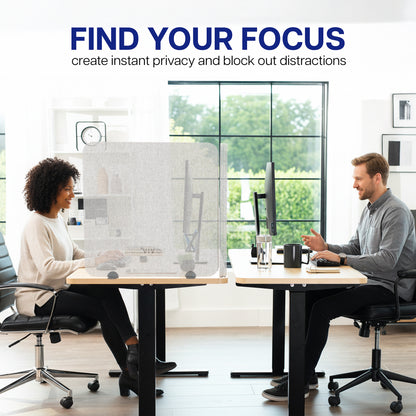 Two people working at desks with a Privacy Panel between them, text 'Find Your Focus' above.