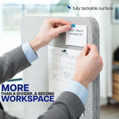 Person attaching a sticky note to a gray Privacy Panel with text 'More than a divider, a second workspace' and 'fully tackable surface'.