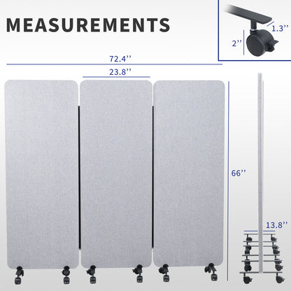 Measurement chart for a gray office partition with wheels, showing dimensions and wheel sizes.