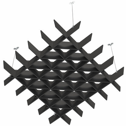 A black acoustic dual-layer ceiling waffle panel with a geometric pattern, mounted on a ceiling.